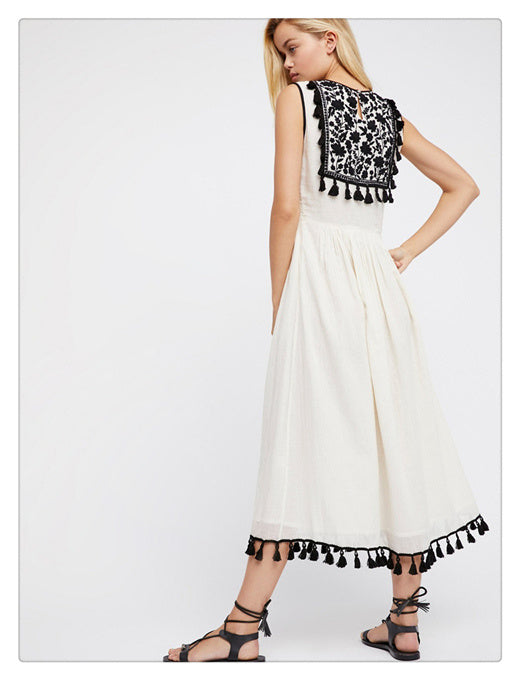 Bohemian Embroidered Floral-Fringe Sleeveless Vest Dress