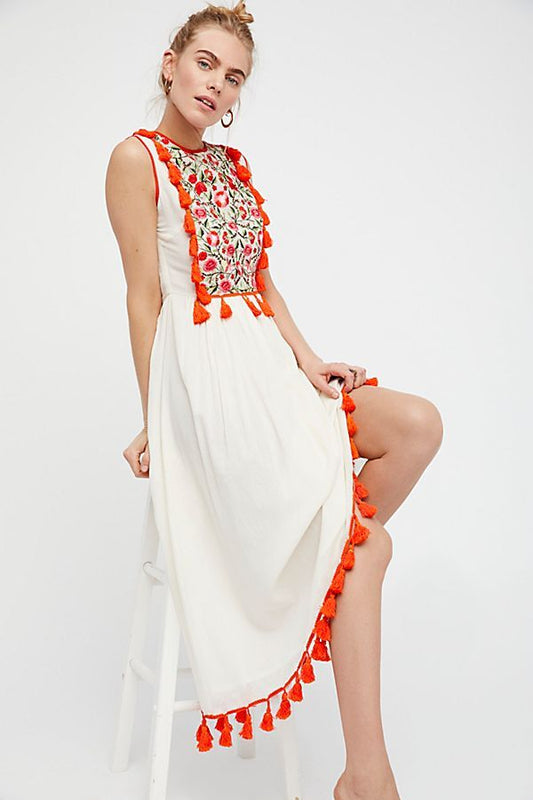 Bohemian Embroidered Floral-Fringe Sleeveless Vest Dress