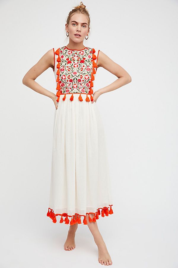 Bohemian Embroidered Floral-Fringe Sleeveless Vest Dress