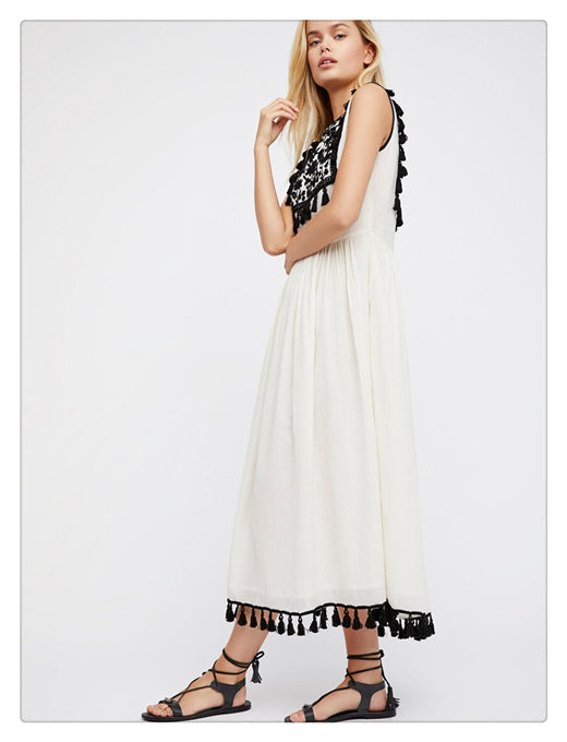 Bohemian Embroidered Floral-Fringe Sleeveless Vest Dress