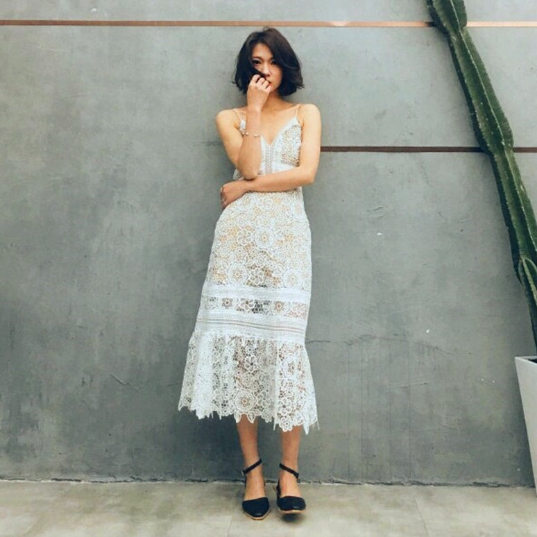 Vireous Summer Resortwear Dress, High-Quality See-Through Lace Dress