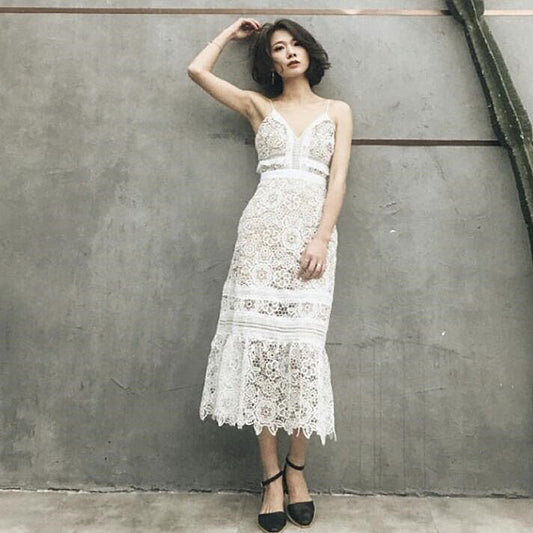 Vireous Summer Resortwear Dress, High-Quality See-Through Lace Dress