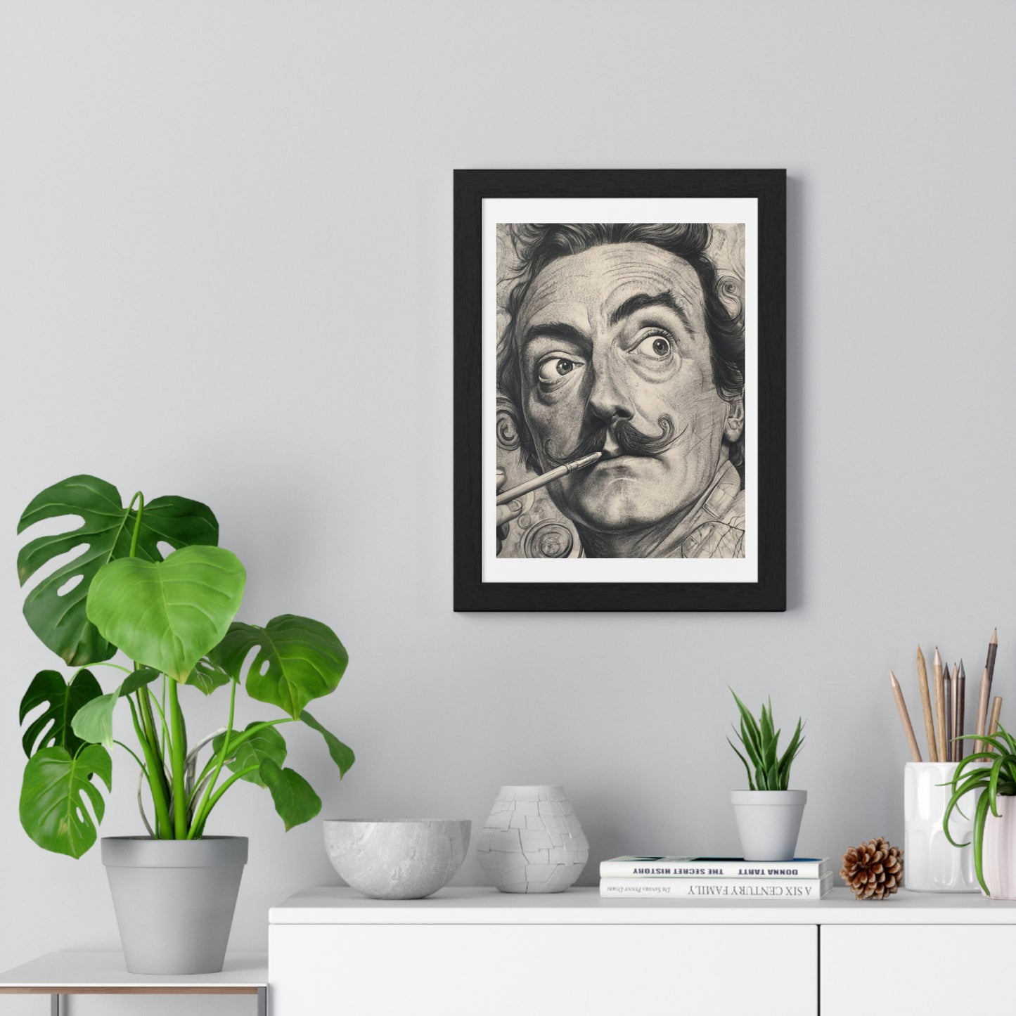 Salvador Dali Portrait, Pencil Sketch 'Designed by AI' Framed Art Print