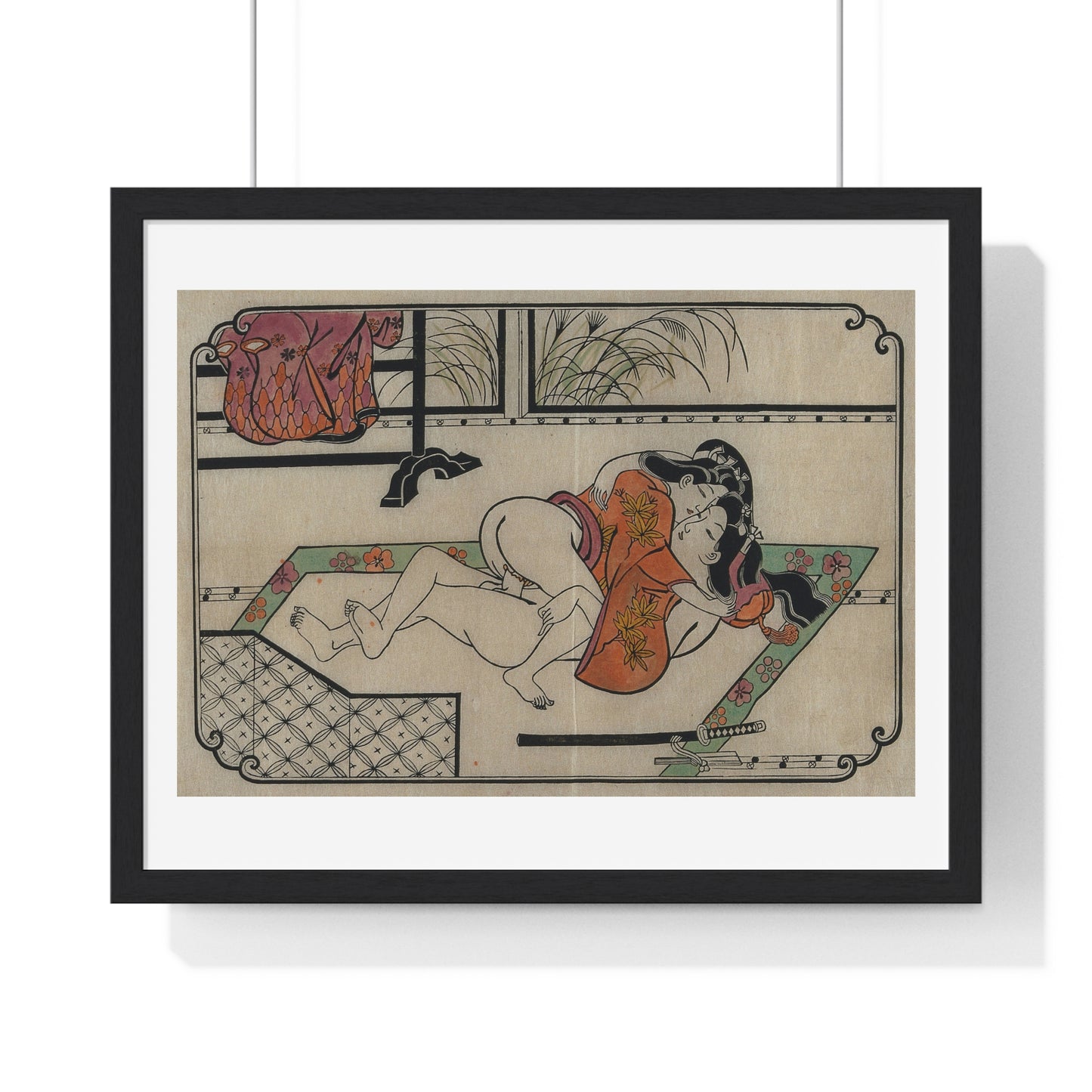Young Couple Making Love, Coloured Reproduction of a Woodcut by Moronobu (1680s) Framed Art Print