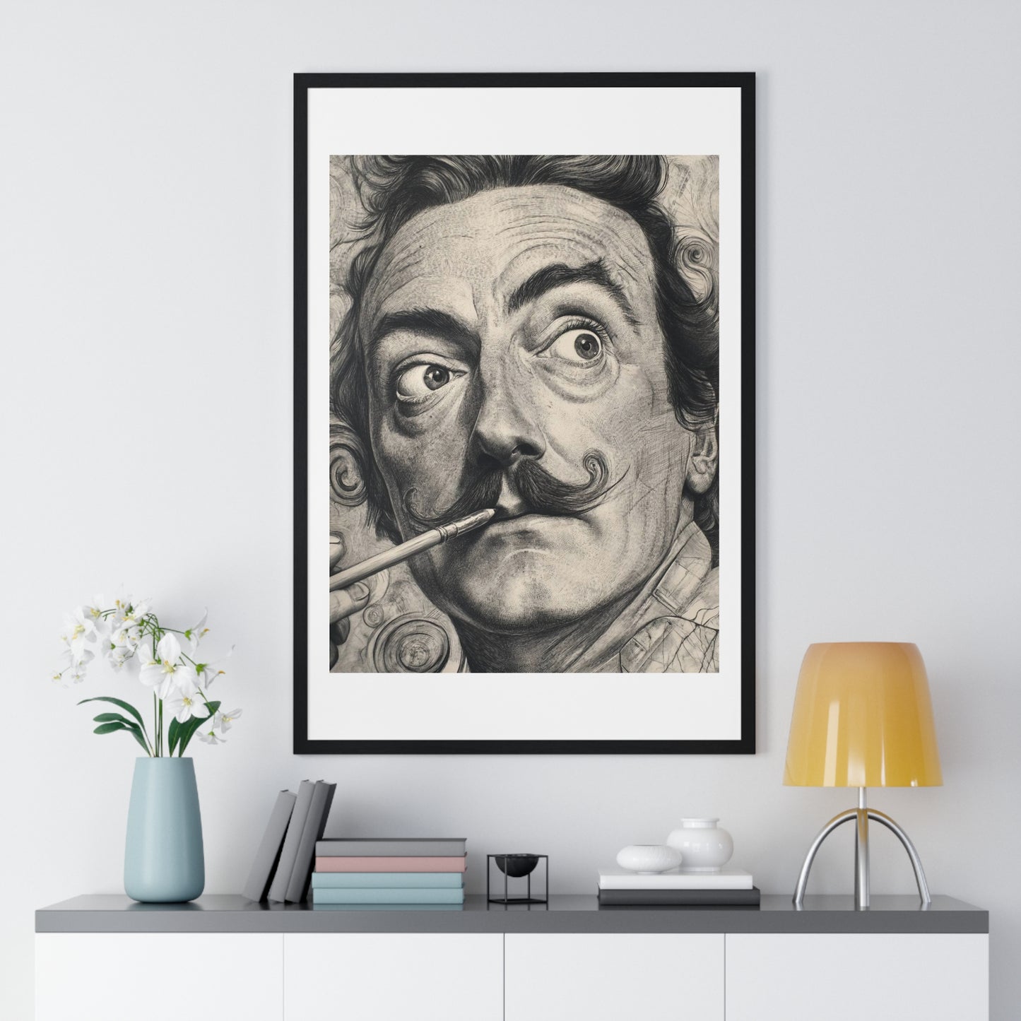 Salvador Dali Portrait, Pencil Sketch 'Designed by AI' Framed Art Print