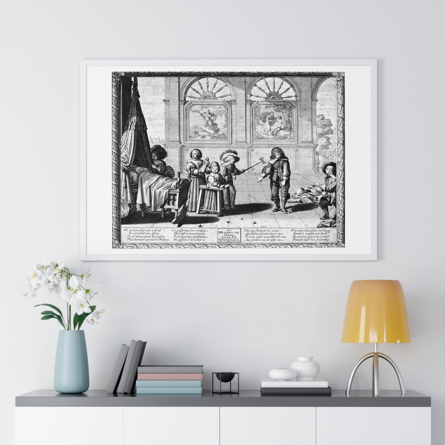 Children Playing with Toys, in the Background are Paintings of the Creation and the Creation of Adam, by Abraham Bosse (1636) Framed Print