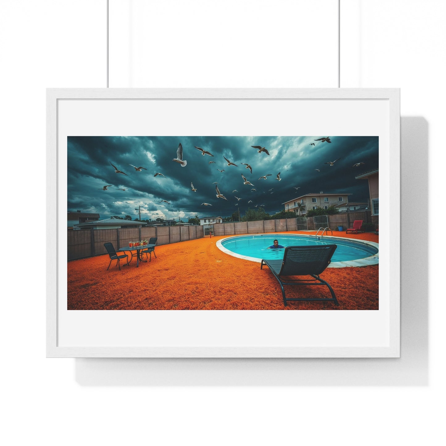 Dystopian Pool Scene Photorealistic Art Style 'Designed by AI' Framed Print