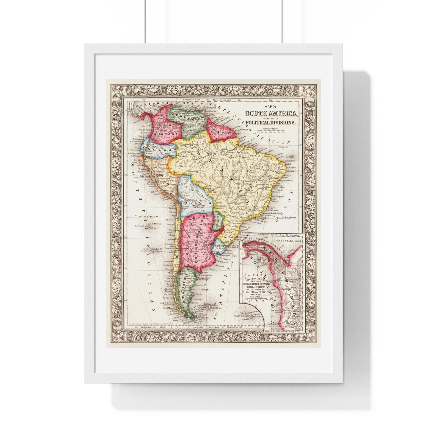 Antique Map of South America, Showing its Political Divisions (1863) by Samuel Augustus Mitchell, from the Original, Framed Art Print