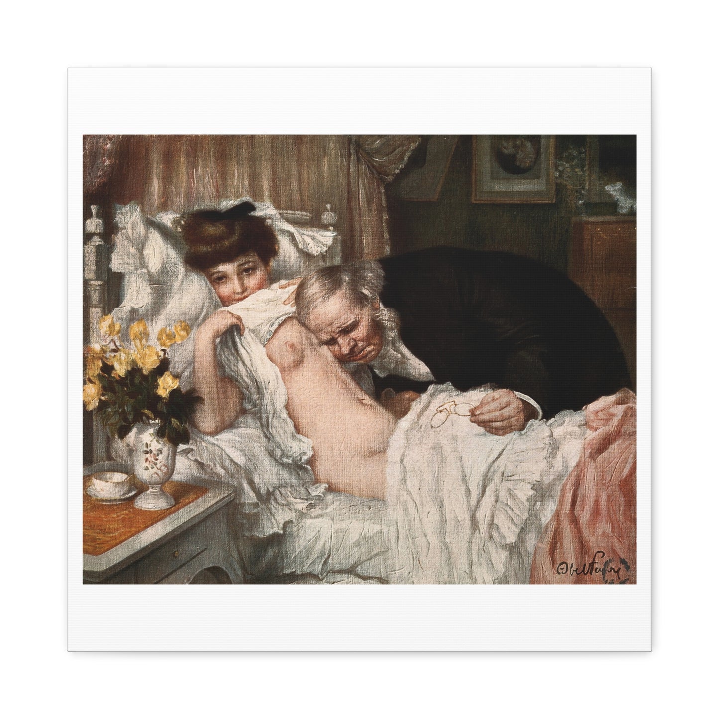 A Beautiful Young Woman Looks Away Coyly While an Aged Doctor Examines her Chest, from the Original, Art Print on Canvas