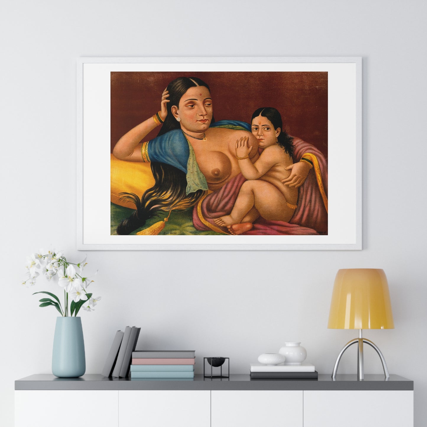 Woman Suckling an Infant, Indian Chromolithograph, from the Original, Framed Art Print