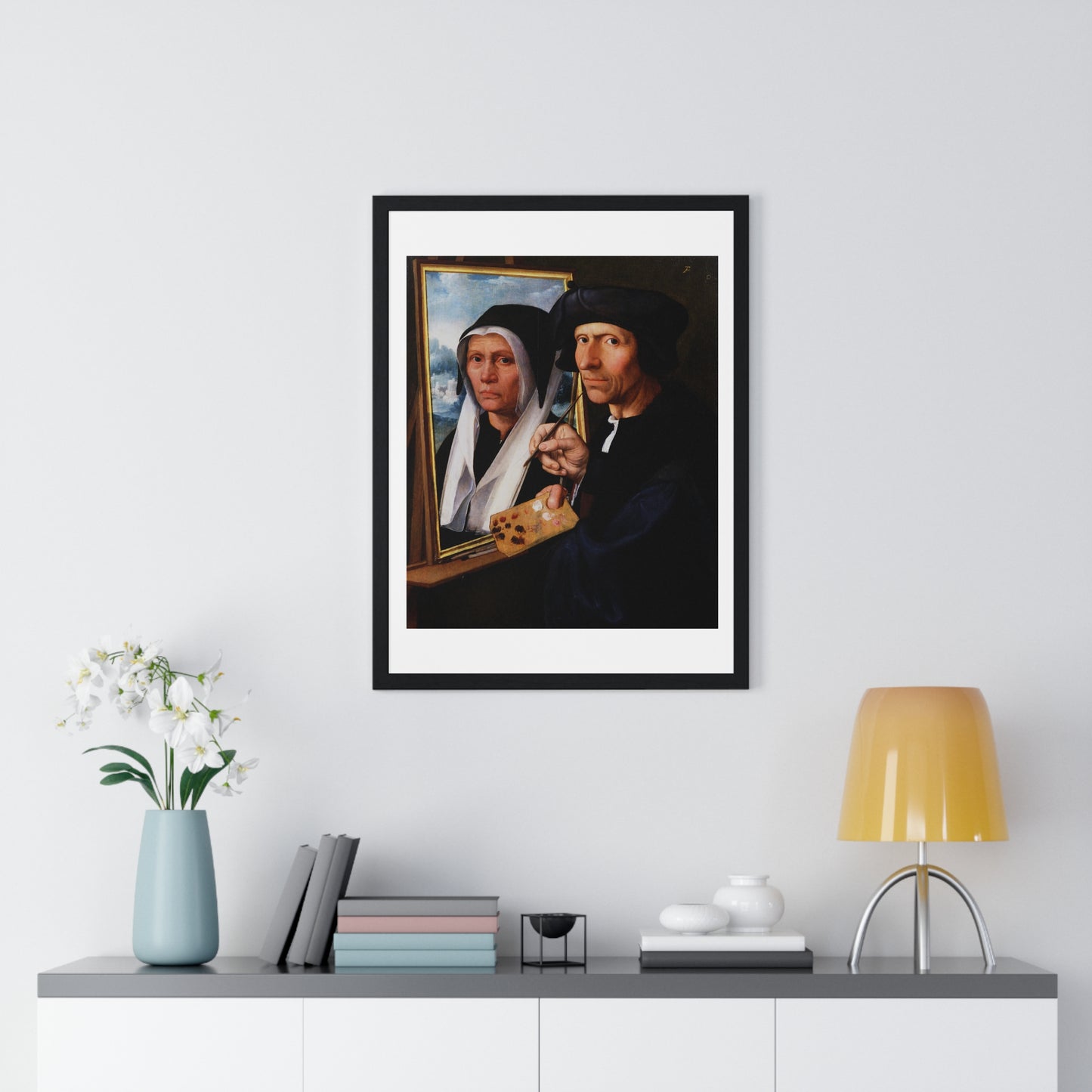 Jacob Cornelisz van Oostsanen Painting a Portrait of His Wife (circa 1550) by Dirck Jacobsz, from the Original, Framed Print