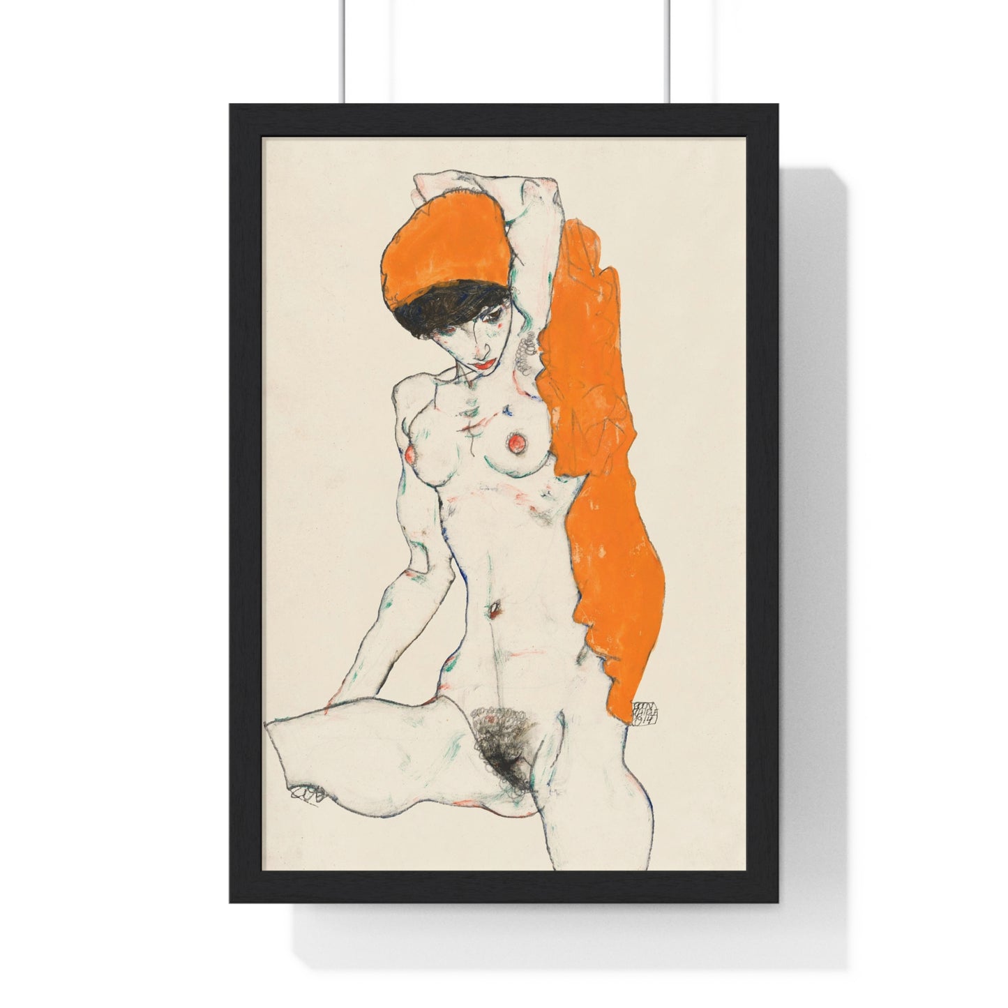 Standing Nude with Orange Drapery (1914) Line Art by Egon Schiele from the Original, Framed Art Print