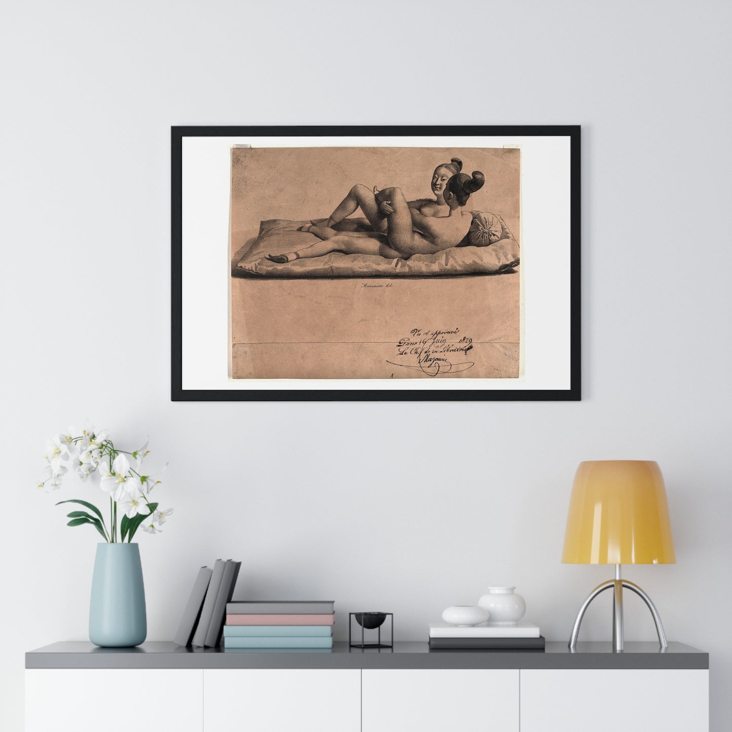 Two Chinese Girls with Bound Feet are Making Love on a Mattress (1829) Lithograph by Jean-Baptiste Mauzaisse, Framed Print