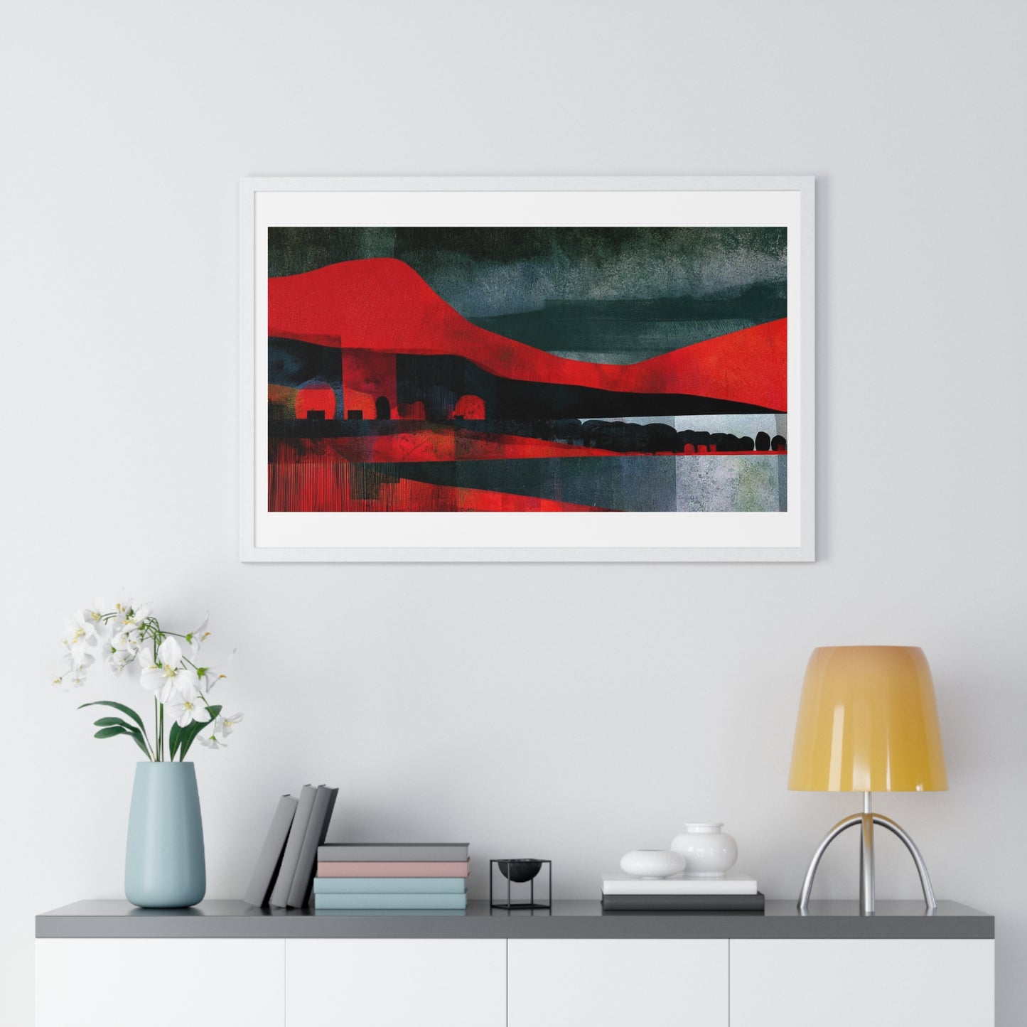 Unreal Landscape, Red and Grey Decor Art, Large Framed Print
