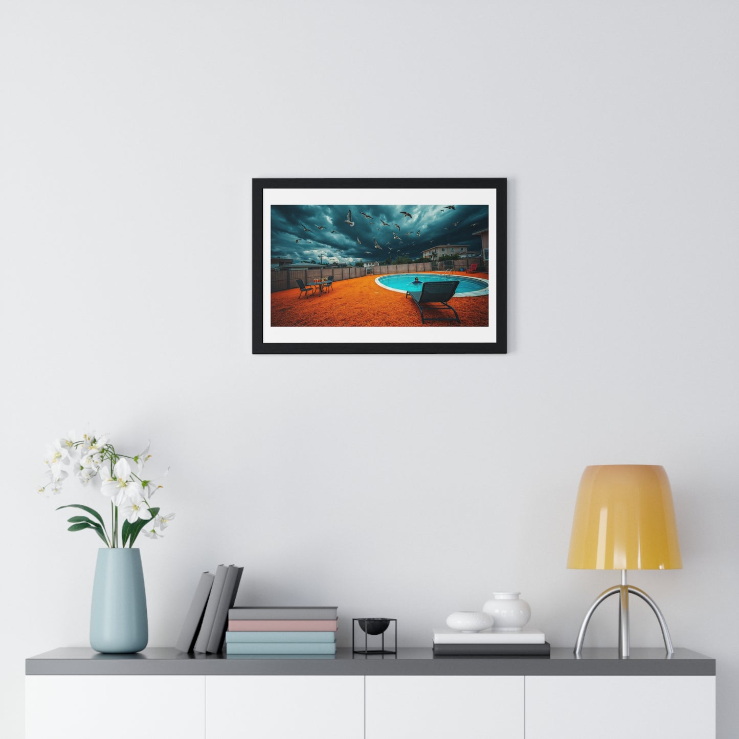 Dystopian Pool Scene Photorealistic Art Style 'Designed by AI' Framed Print