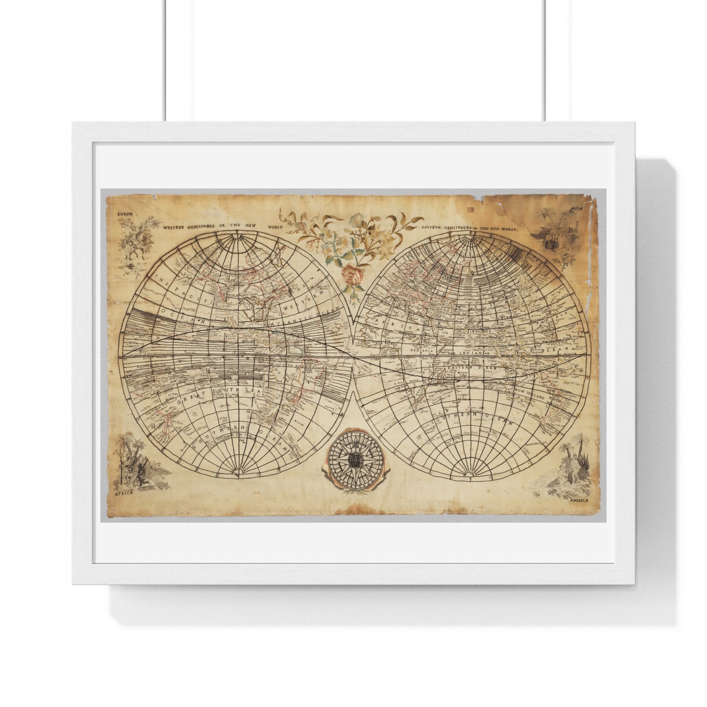 Antique Textile World Map Sampler (1790s) from the Original, Framed Print