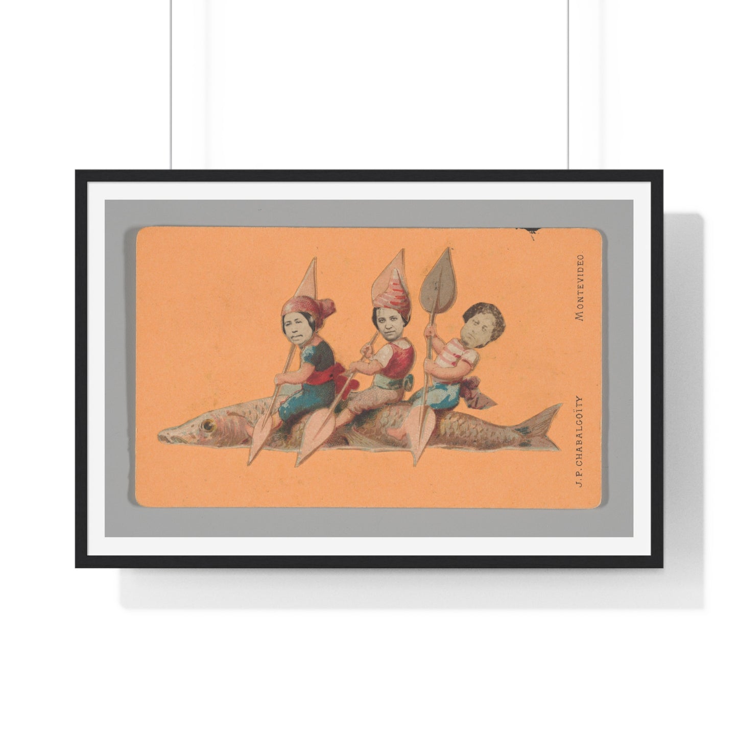 Uruguayan Photo Collage, Three People Holding Oars, Sitting on a Large Fish (circa 1875) Framed Art Print