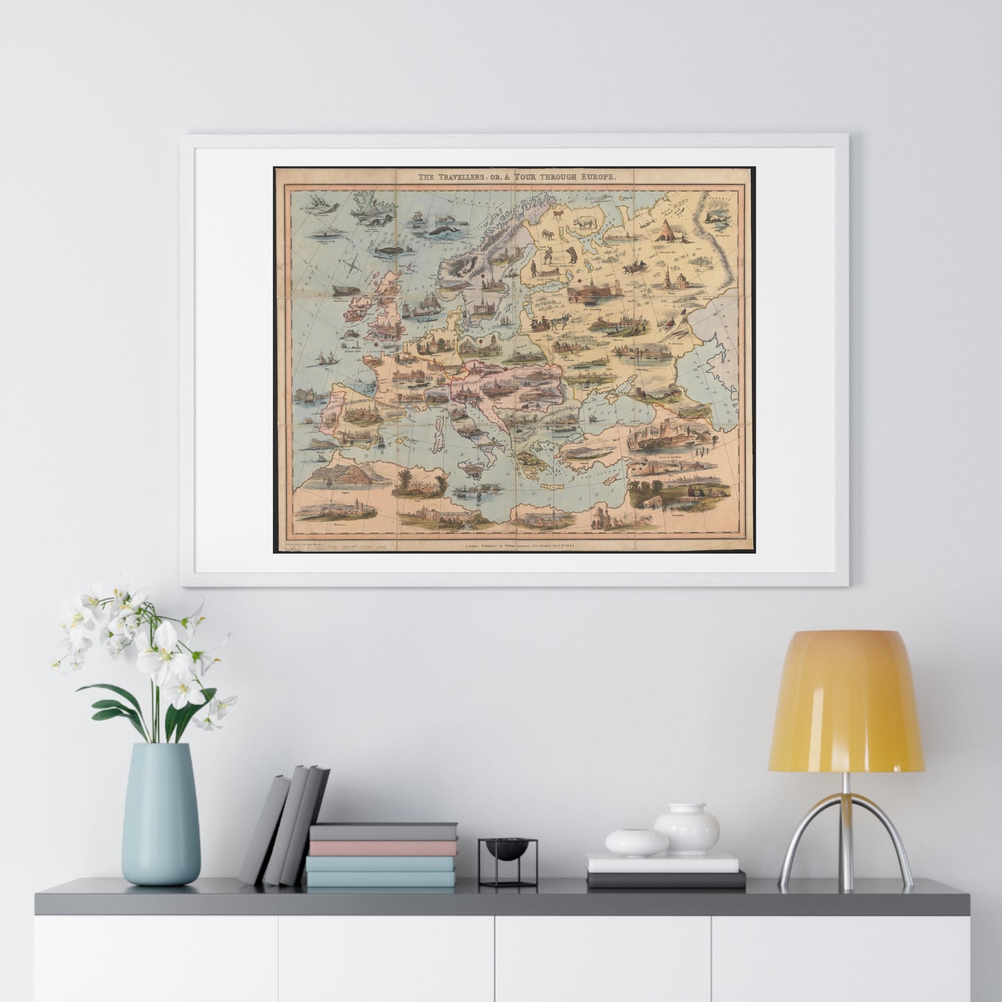 Map of the World 'The Travellers or a Tour Through Europe' (1842) by William Spooner, from the Original, Framed Art Print