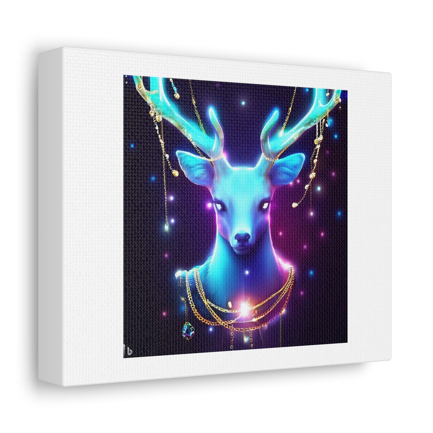 Deer With Small Crystals on Gold Chains Hanging From Its Antlers Photorealistic 'Designed by AI' Print on Canvas