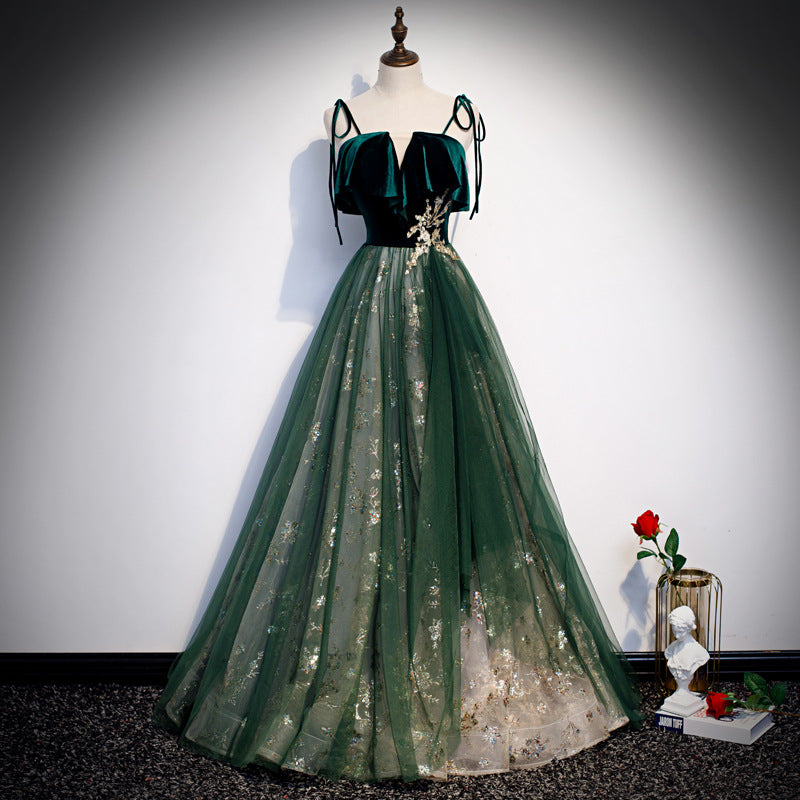 Vireous Long Sling Evening Dress Dark Green Fantasy Style – Vireous.Shop