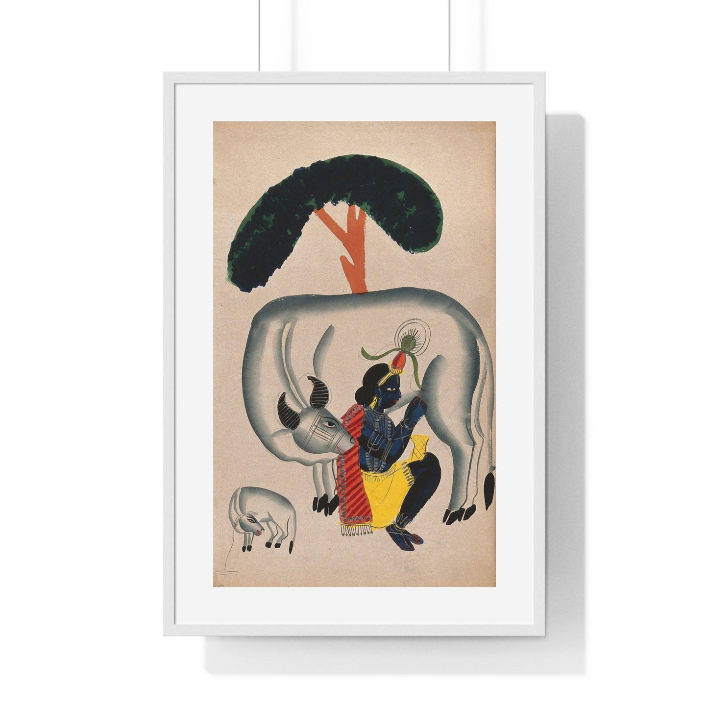 Krishna Milking a Cow While the Calf Looks, Watercolour Drawing, from the Original, Framed Art Print