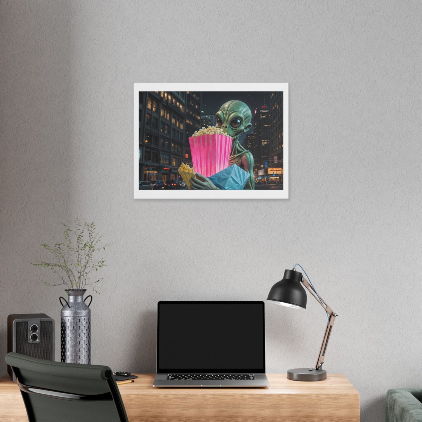 Alien Watching the Planet Earth Show 'Designed by AI' Satin Canvas Art Print