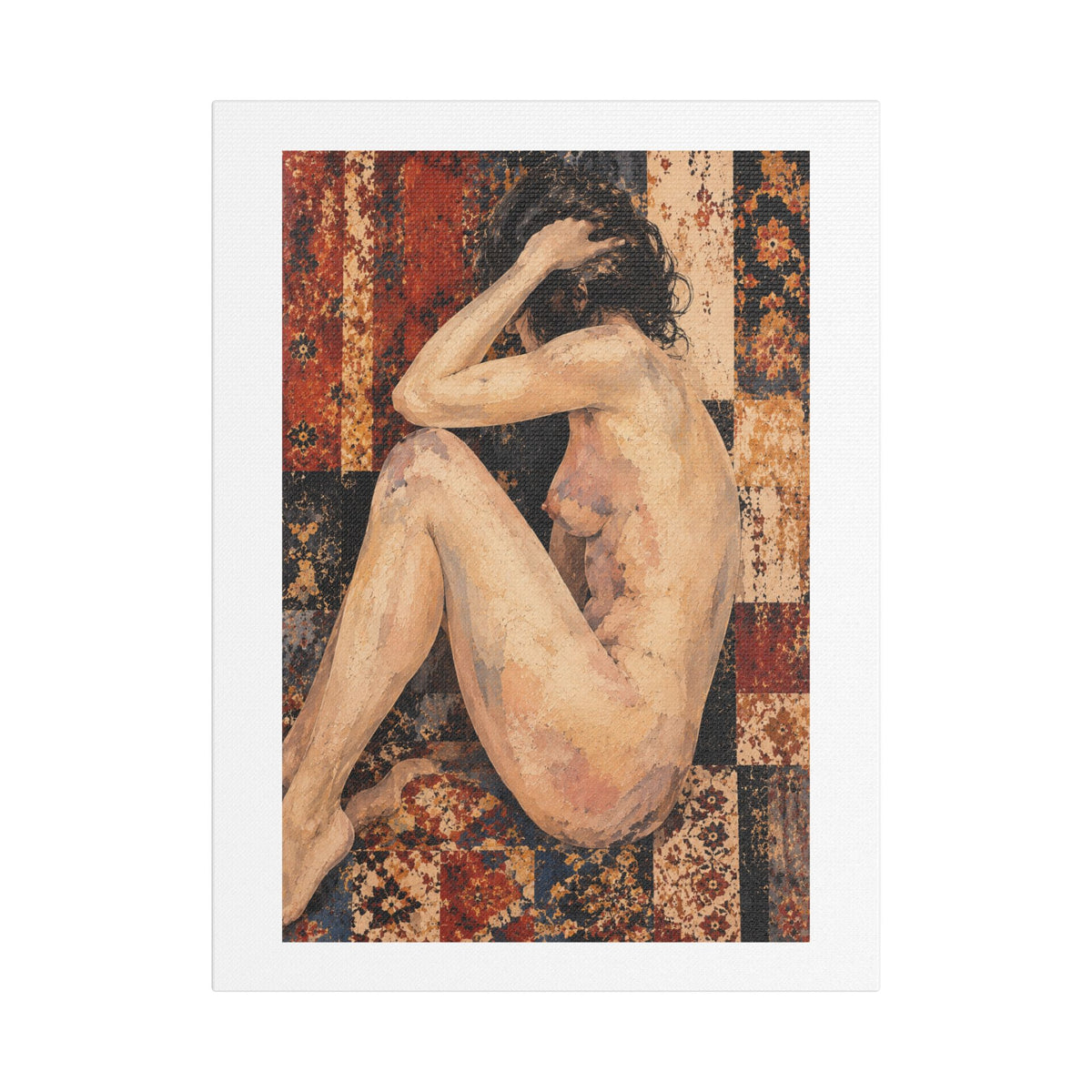 Textured Contemplative Figure Against Ornate Tapestry, Art Print on Satin Canvas, Stretched
