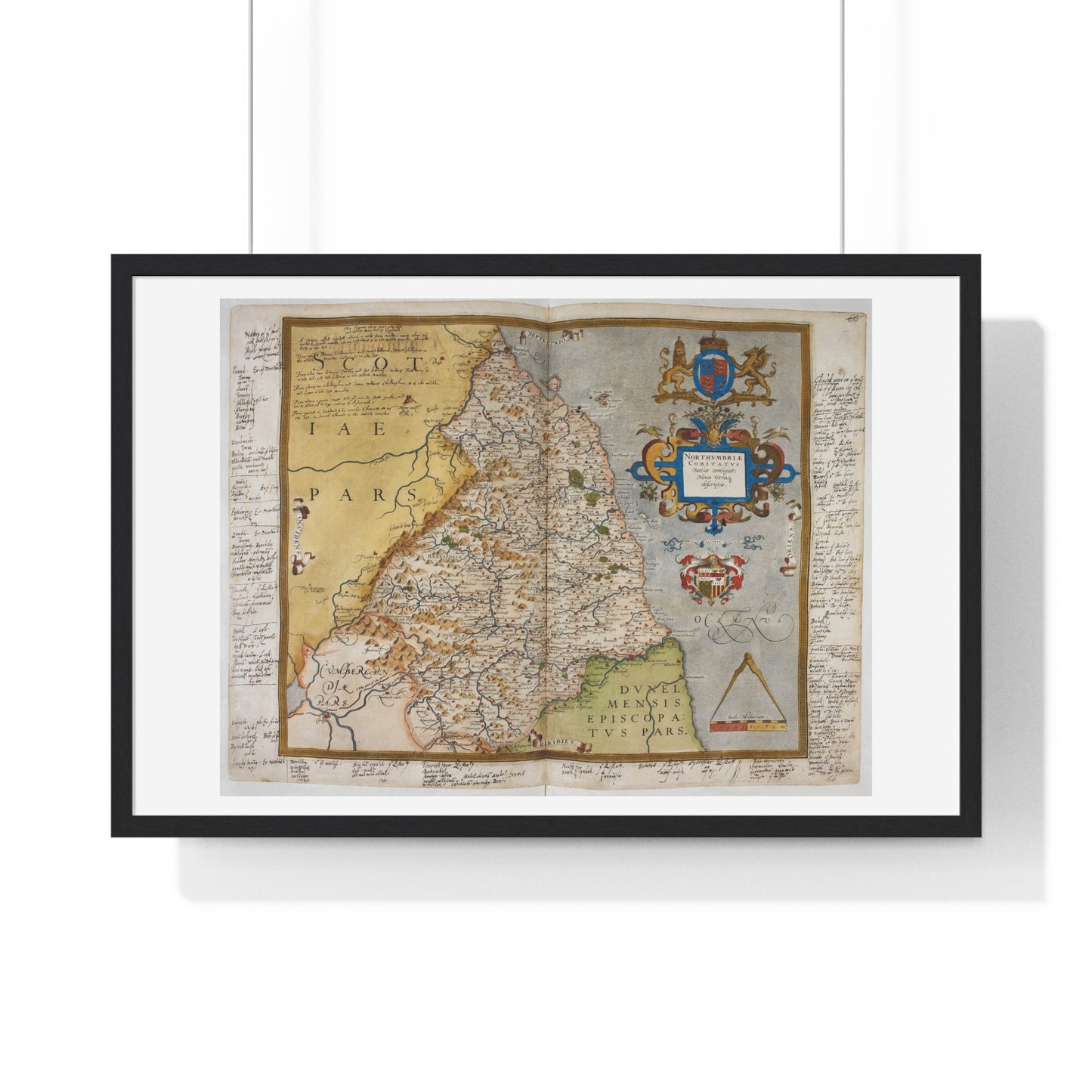 Tudor Antique Map of Northumberland from Lord Burghley's Atlas (1579) from the Original, Framed Print