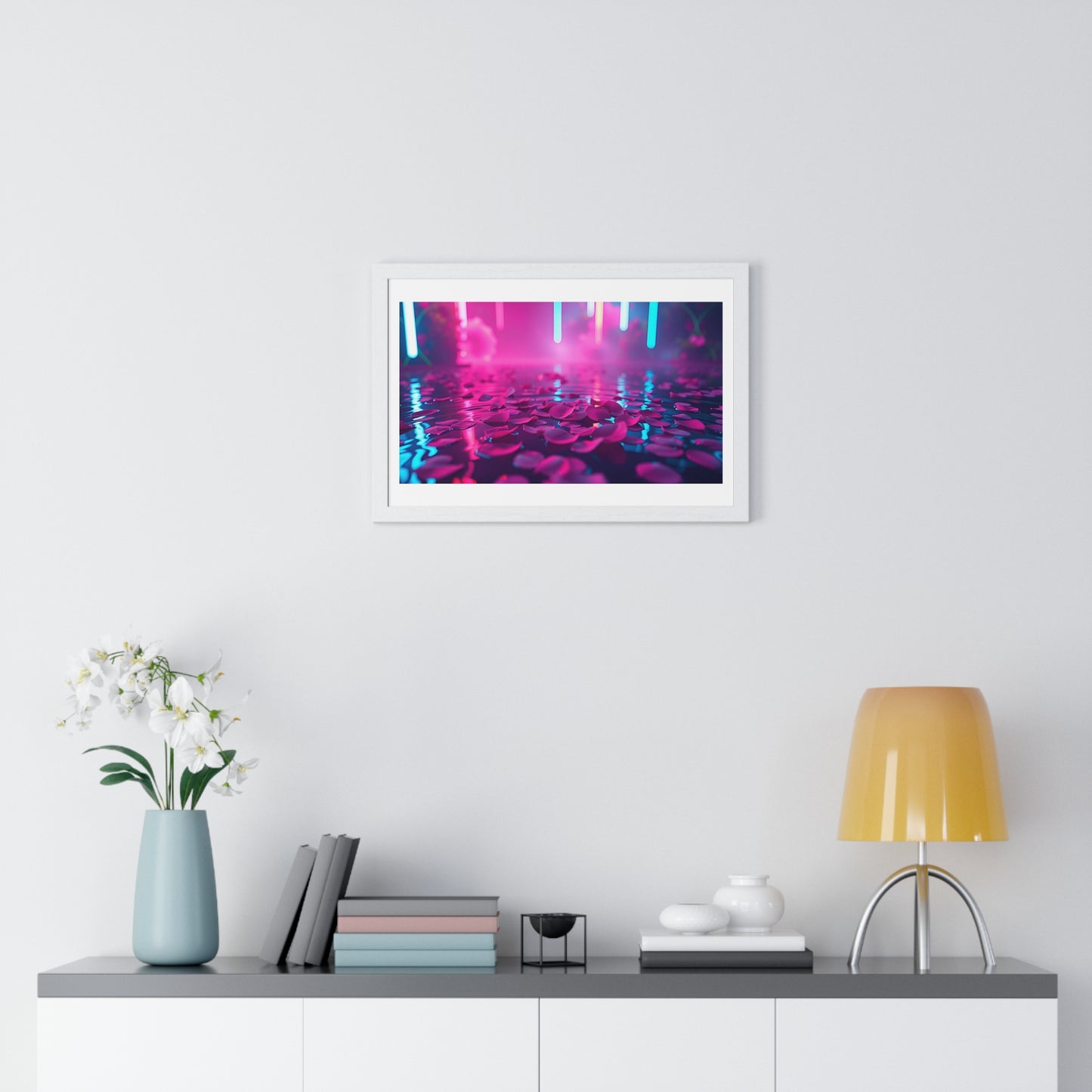 Petals on the Water, Pink Vibrant Art 'Designed by AI' Framed Print