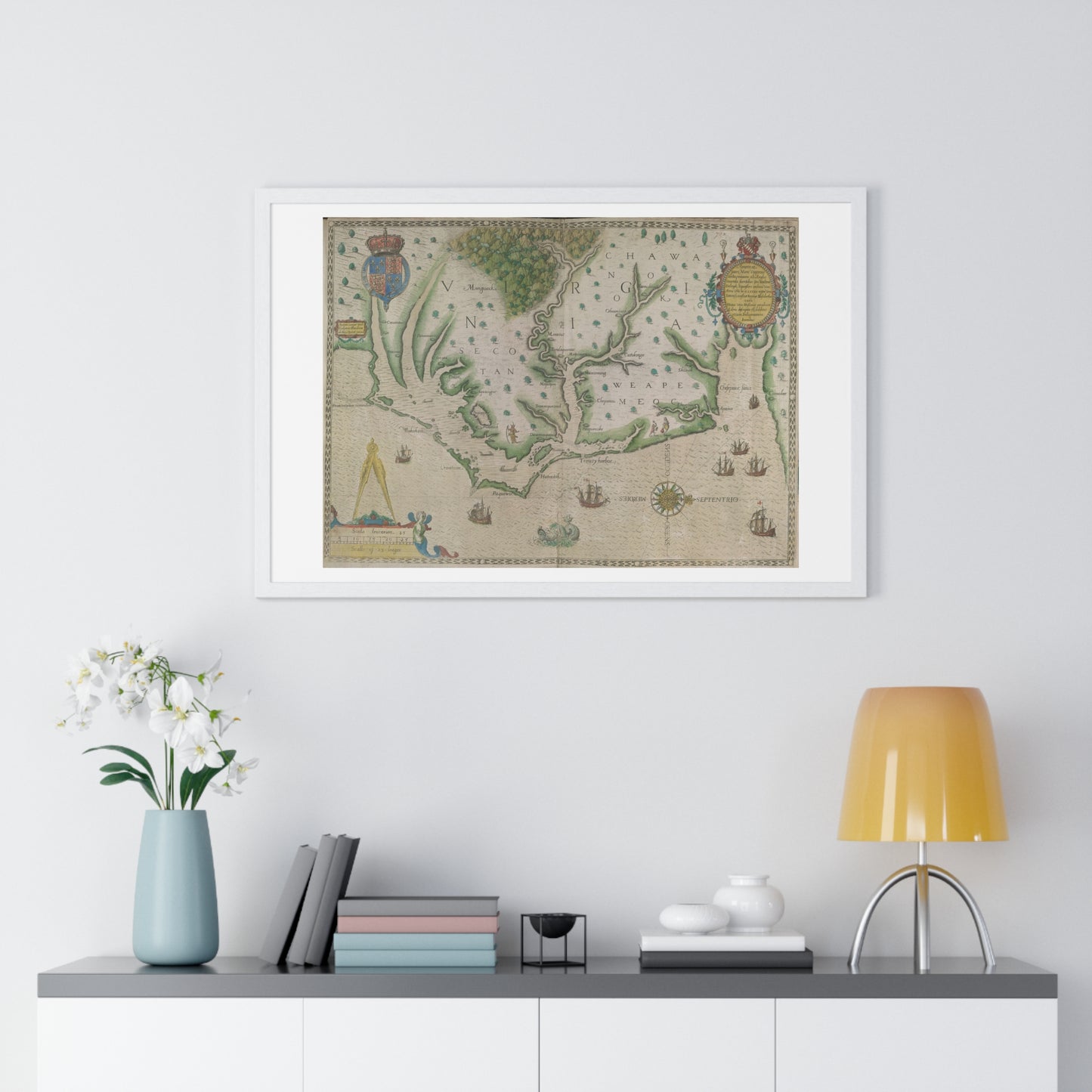 Engraved Map of Virginia (1618) Showing the Arrival of Sir Walter Raleigh's Expedition, from the Original, Framed Print