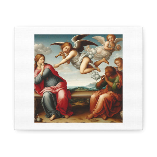 Art Print 'Angels Blowing Bubbles Out Of Someone in Renaissance Art Style' Designed by AI on Satin Canvas