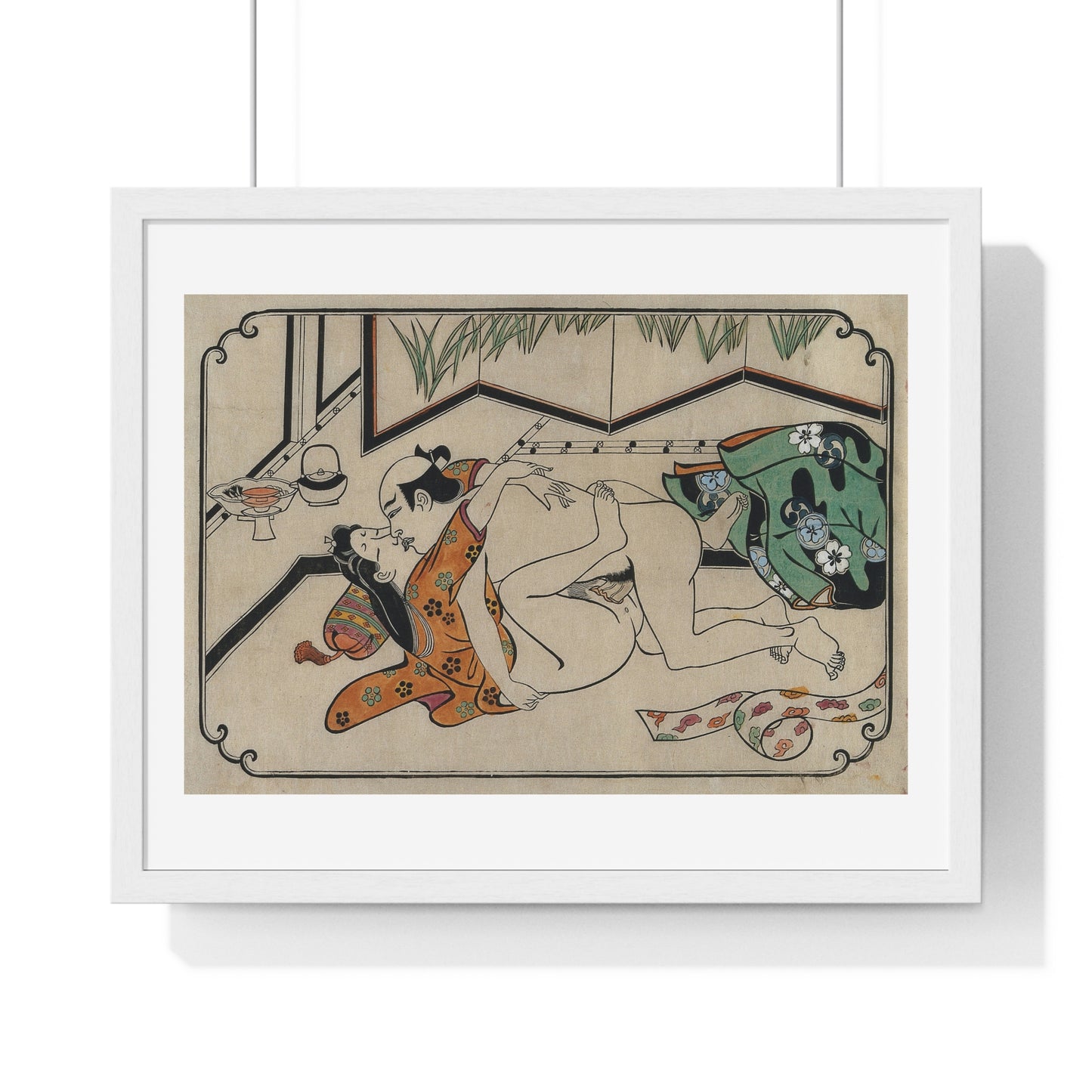 Middle-Aged Couple Making Love, Coloured Reproduction of a Woodcut by Moronobu (1680s) Framed Art Print