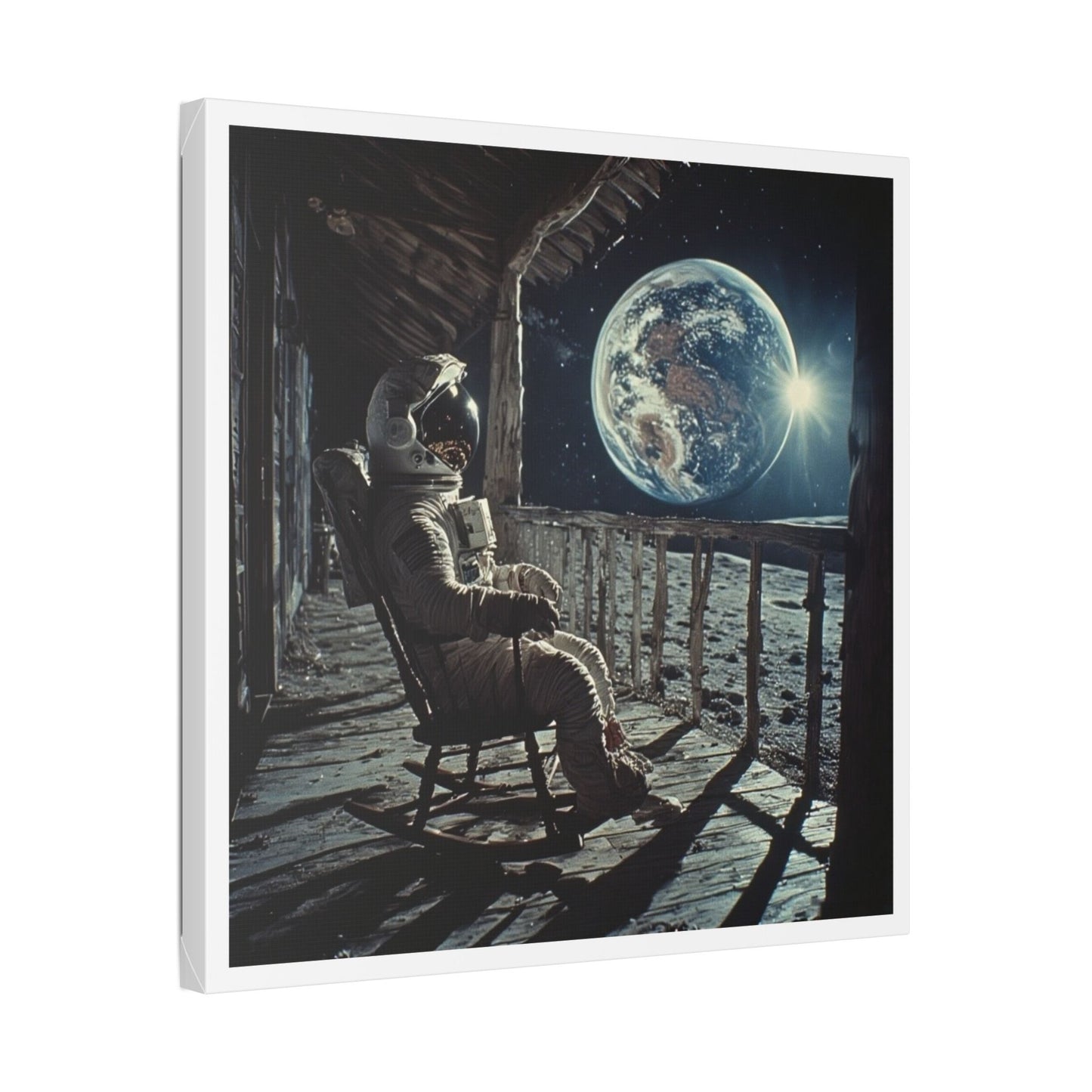 Astronaut on the Moon Sitting in a Rocking Chair on the Porch of a Farmhouse, Photorealism 'Designed by AI' Canvas Art Print