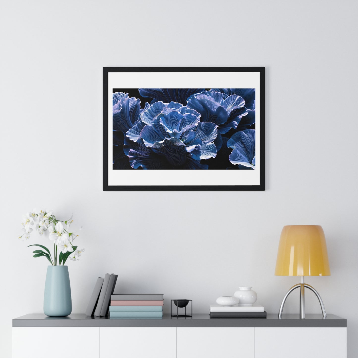 Iris Petals, Blue Vibrant Art 'Designed by AI' Framed Print