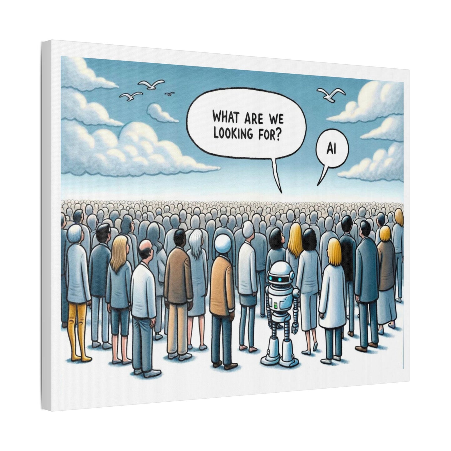 Looking for the Benefits of AI, Cartoon Art 'Designed by AI' Print on Canvas