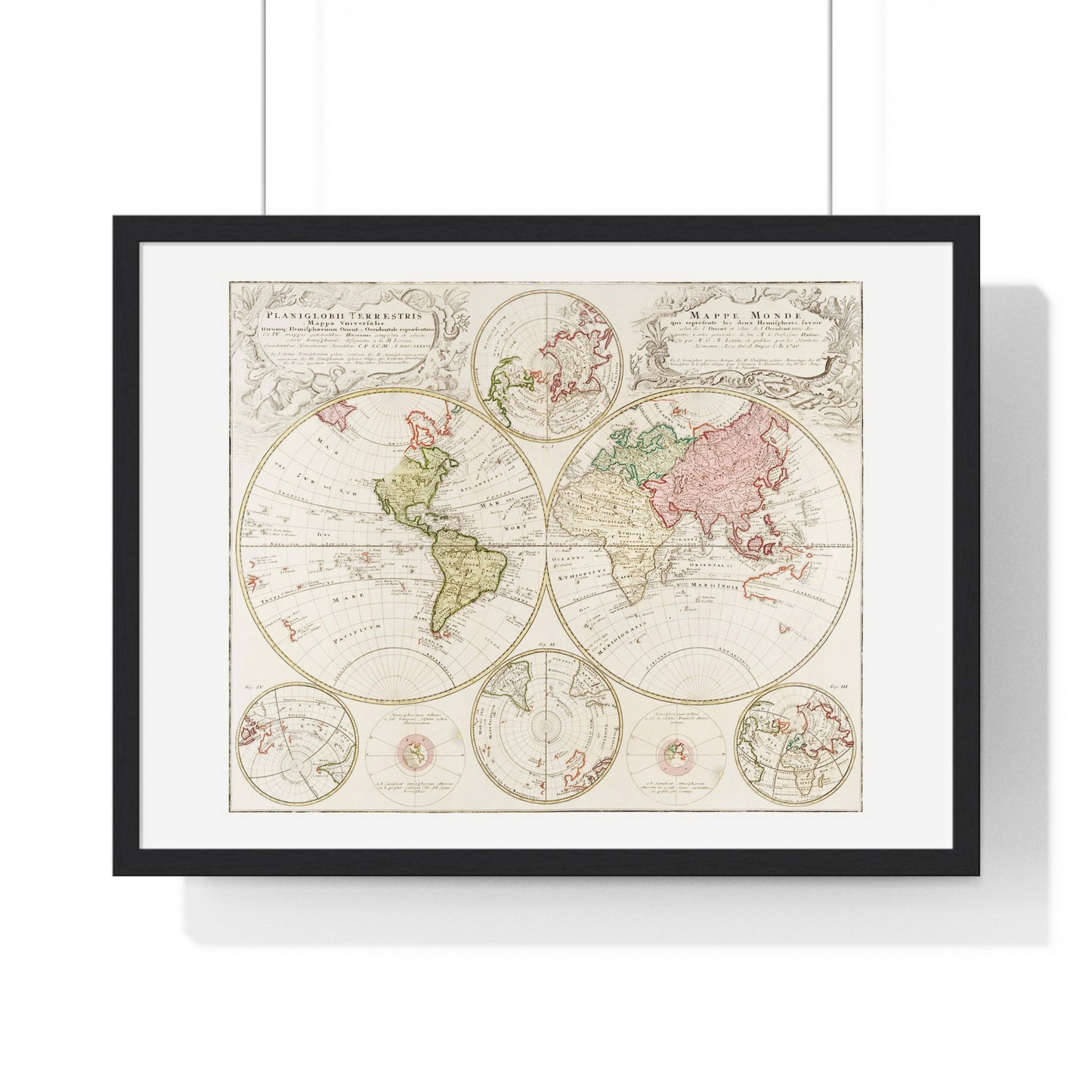 Antique Map of the World, Planiglobii Terrestris, Mappa Universalis (1746) by Johann Baptist, from the Original, Framed Print
