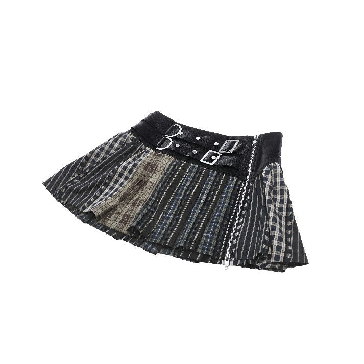 Dark in Love Sage Tartan Patchwork Leather-Waist Pleated Mini Skirt