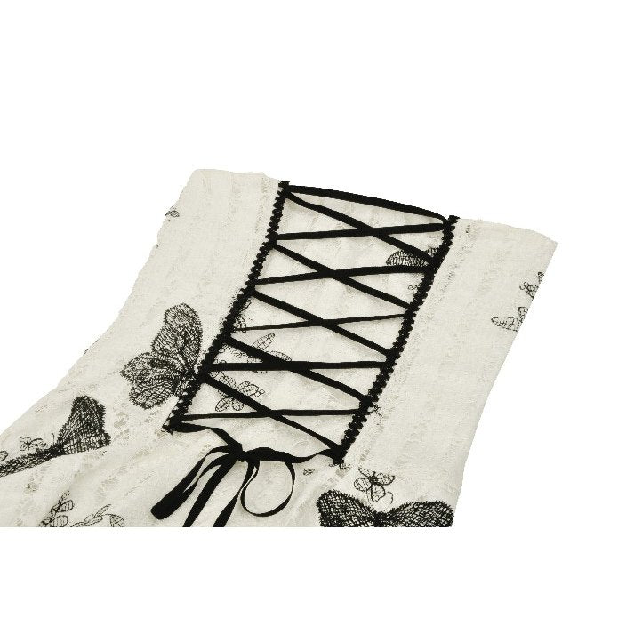 Dark in Love Zosia Punk Gothic Butterfly Embroidered Lace Dress in Beige