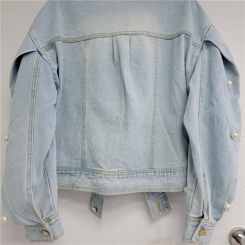 Vireous Fashion Pearl Encrusted Women's Denim Coat