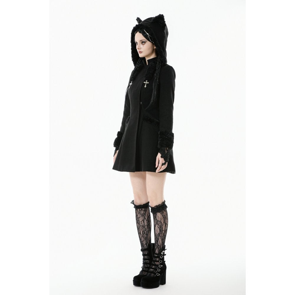 Dark in Love Cat-Ear Faux Fur-Trim Gothic Hooded Coat