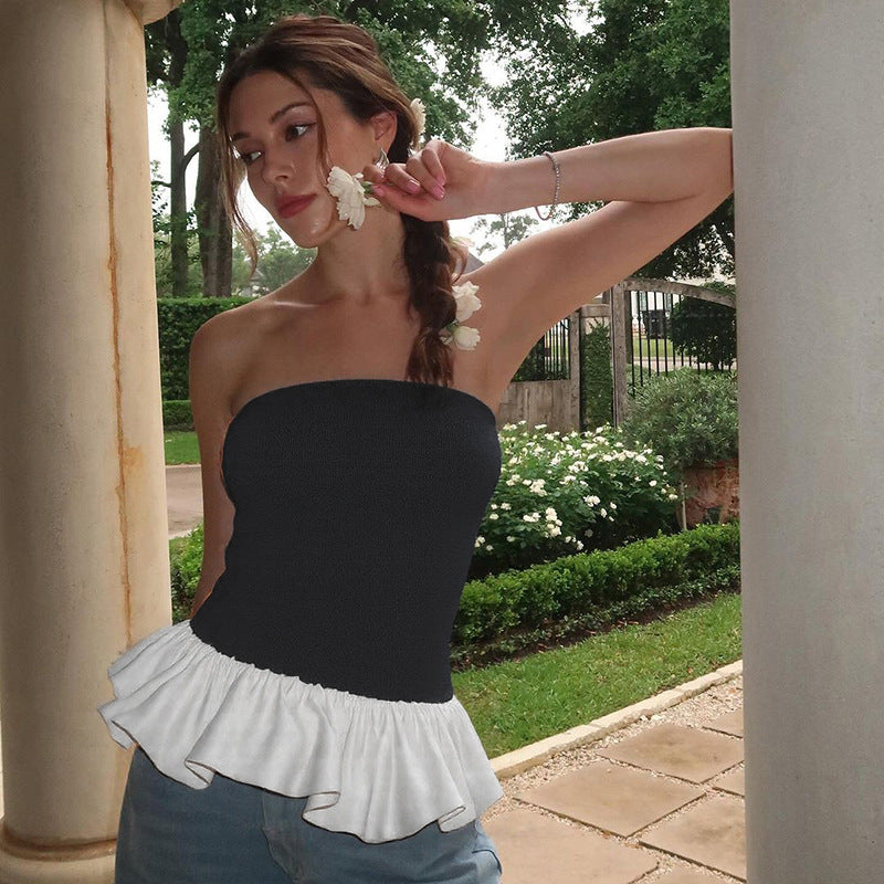 Contrast Colour Bandeau Slim-Fit Ruffled Women's Top