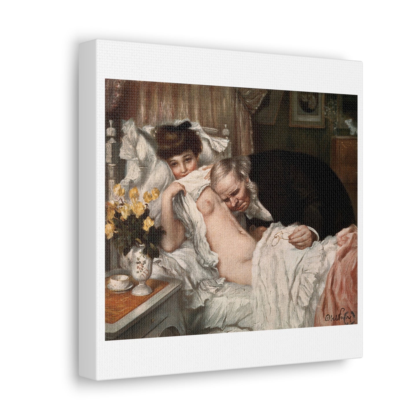 A Beautiful Young Woman Looks Away Coyly While an Aged Doctor Examines her Chest, from the Original, Art Print on Canvas