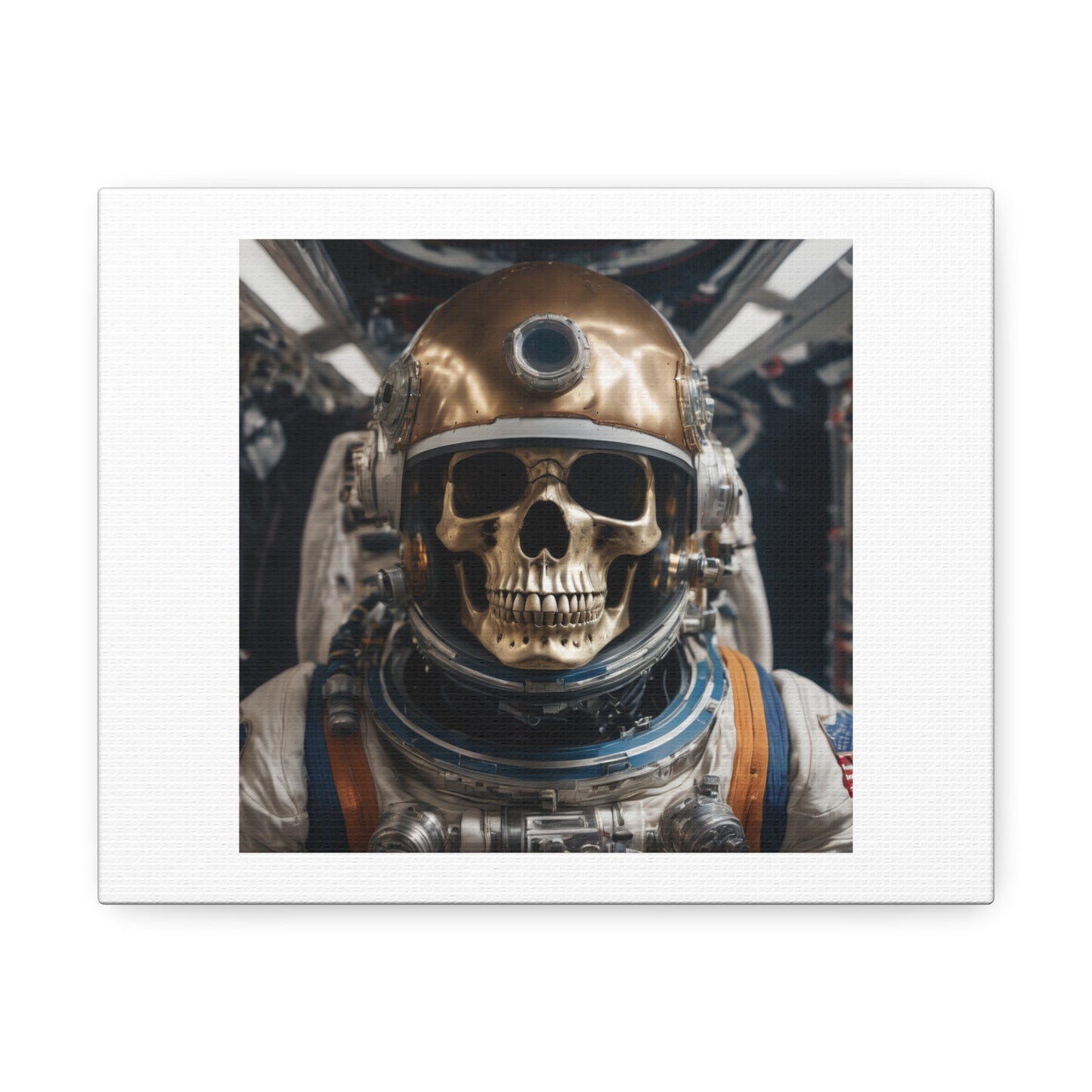 Skull with Living Eyes and Skin in Astronaut Helmet, Hyper Realistic, Art Print 'Designed by AI' on Canvas