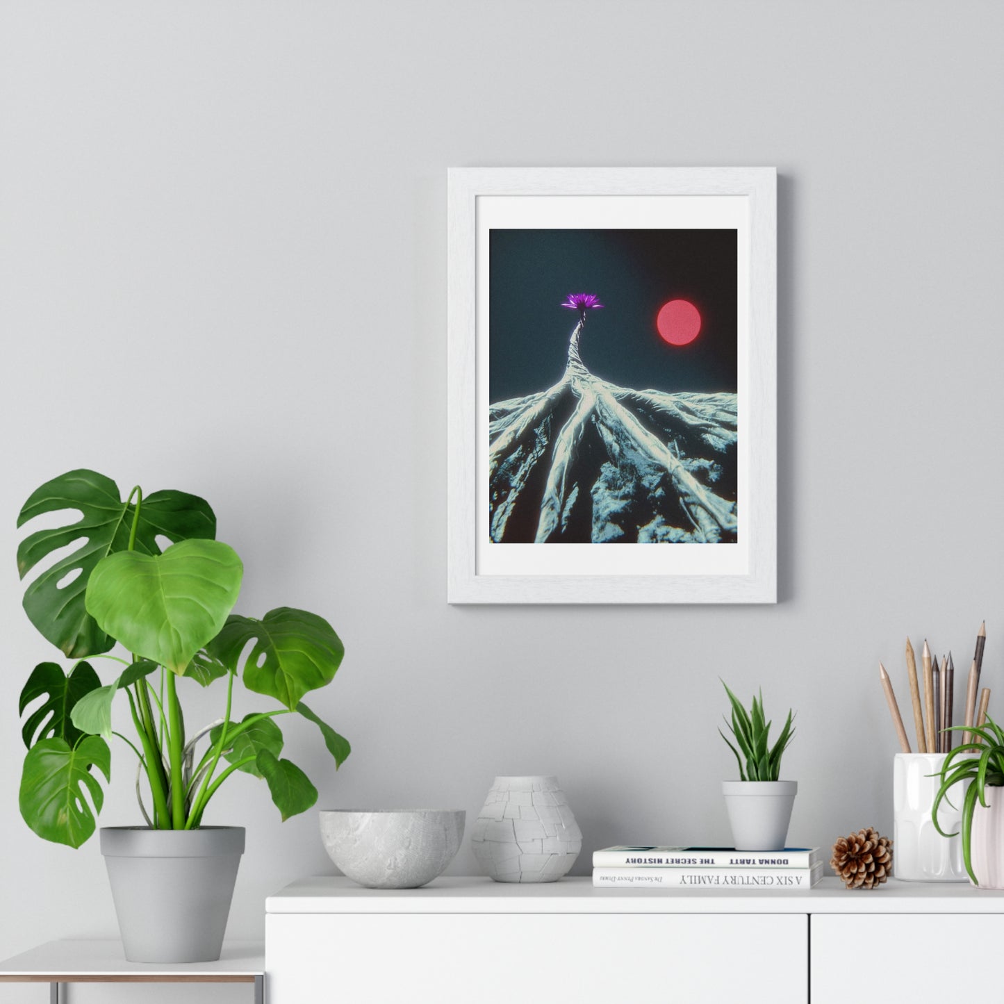 One Purple Flower Growing From Frozen Tundra Against a Red Sun 'Designed by AI' Framed Art Print