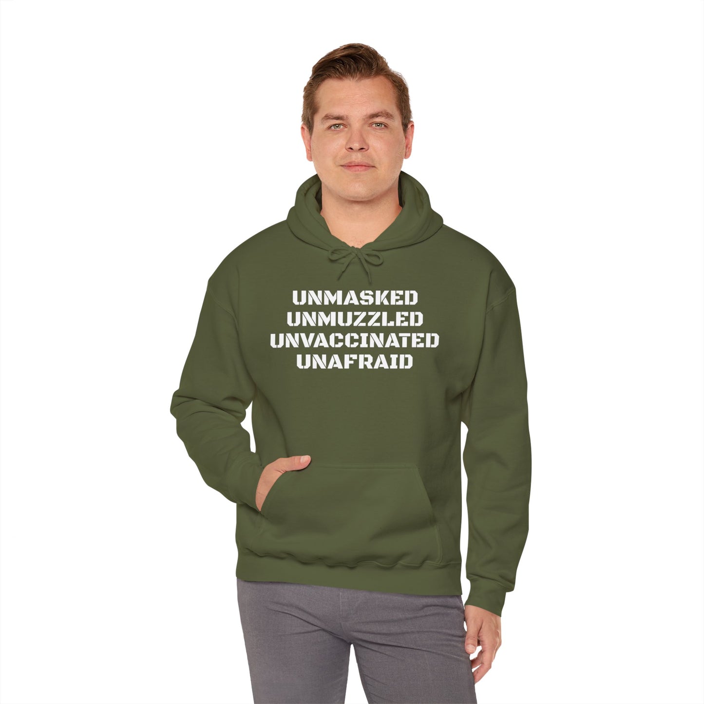 Unmasked, Unmuzzled, Unvaccinated, Unafraid Heavy Blend™ Hooded Sweatshirt