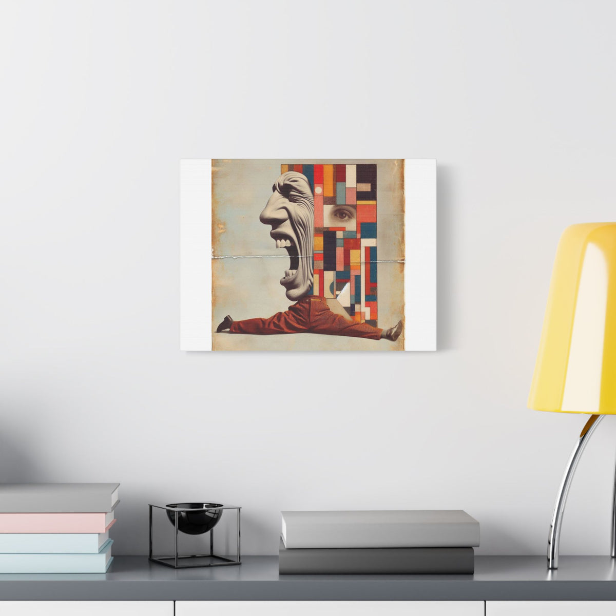 Stretched Canvas Wall Art: Surreal Geometric Face and Acrobat Collage
