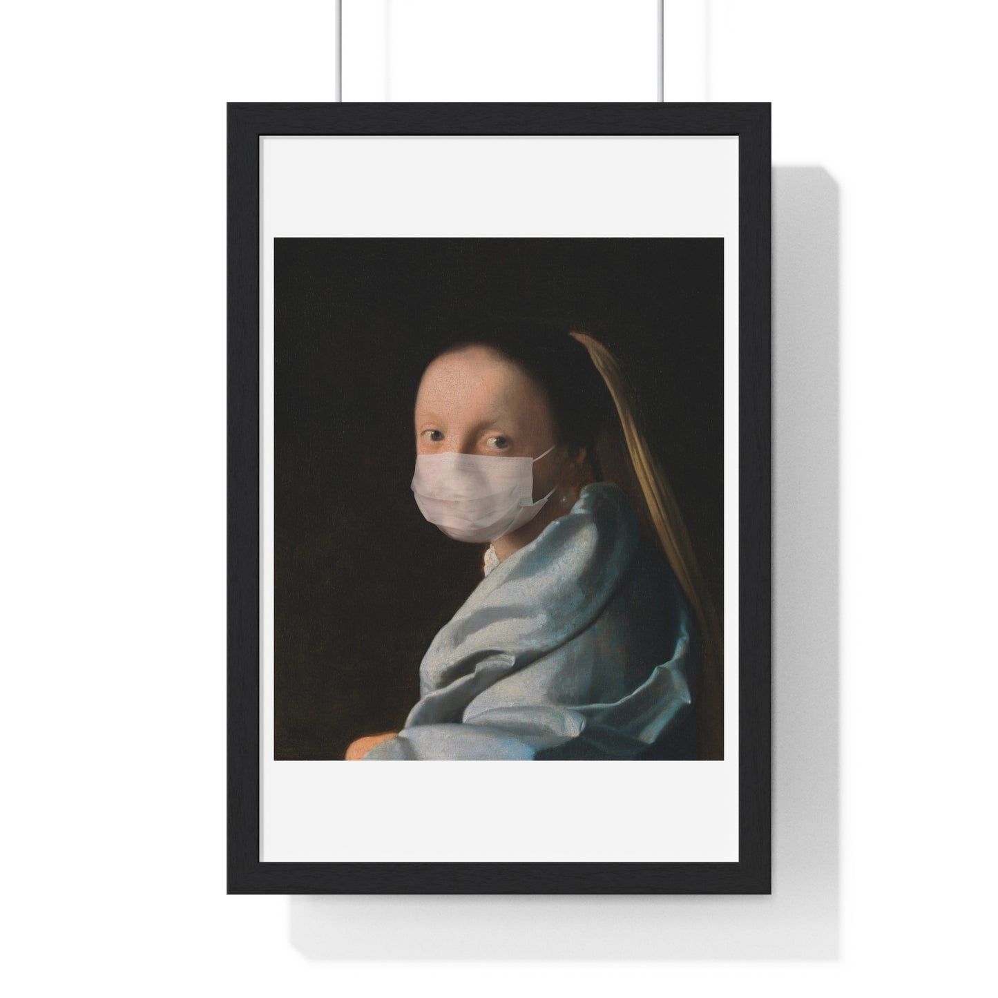 Johannes Vermeer's Young Woman Wearing a Face Mask During Coronavirus Pandemic, Remix, Framed Art Print