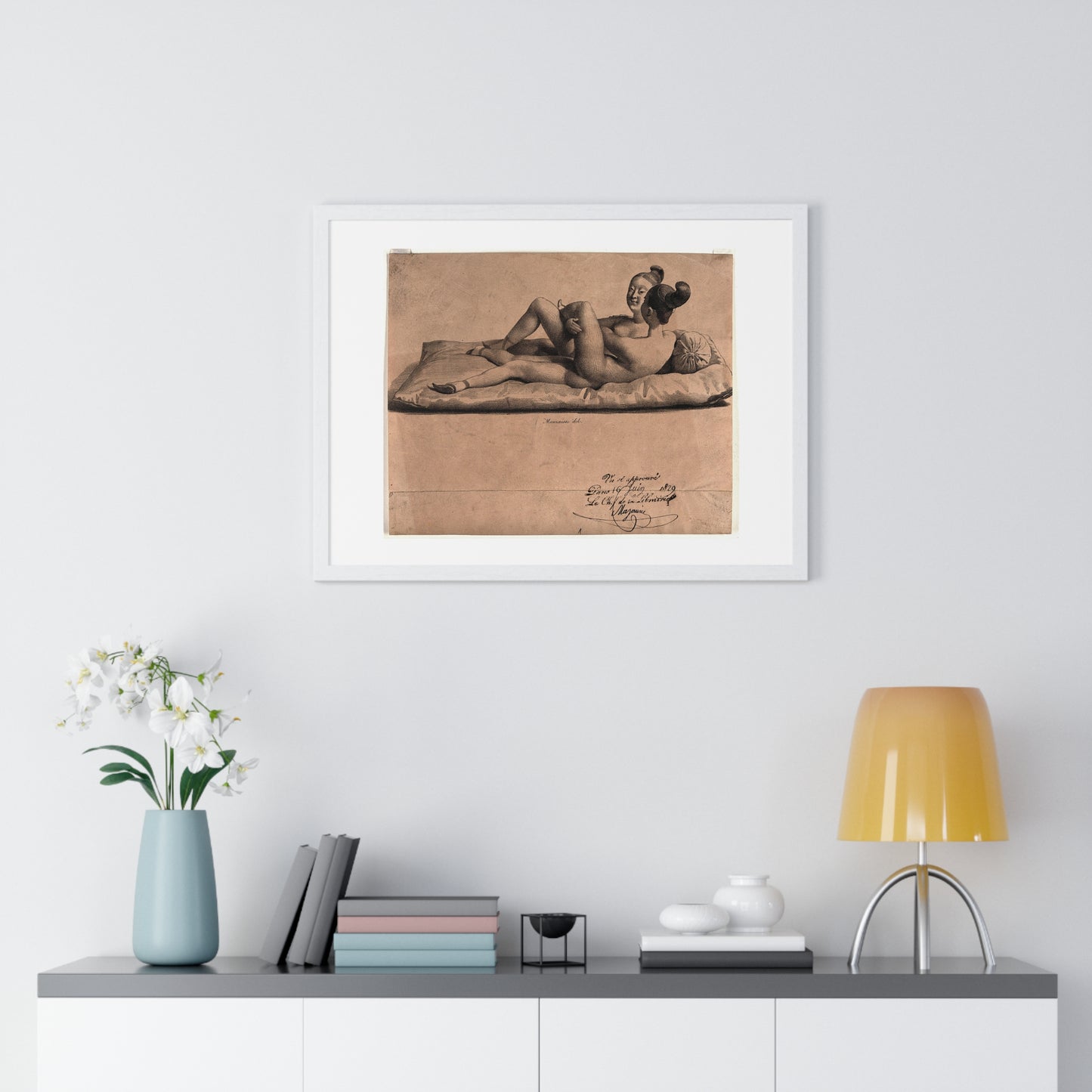 Two Chinese Girls with Bound Feet are Making Love on a Mattress (1829) Lithograph by Jean-Baptiste Mauzaisse, Framed Print