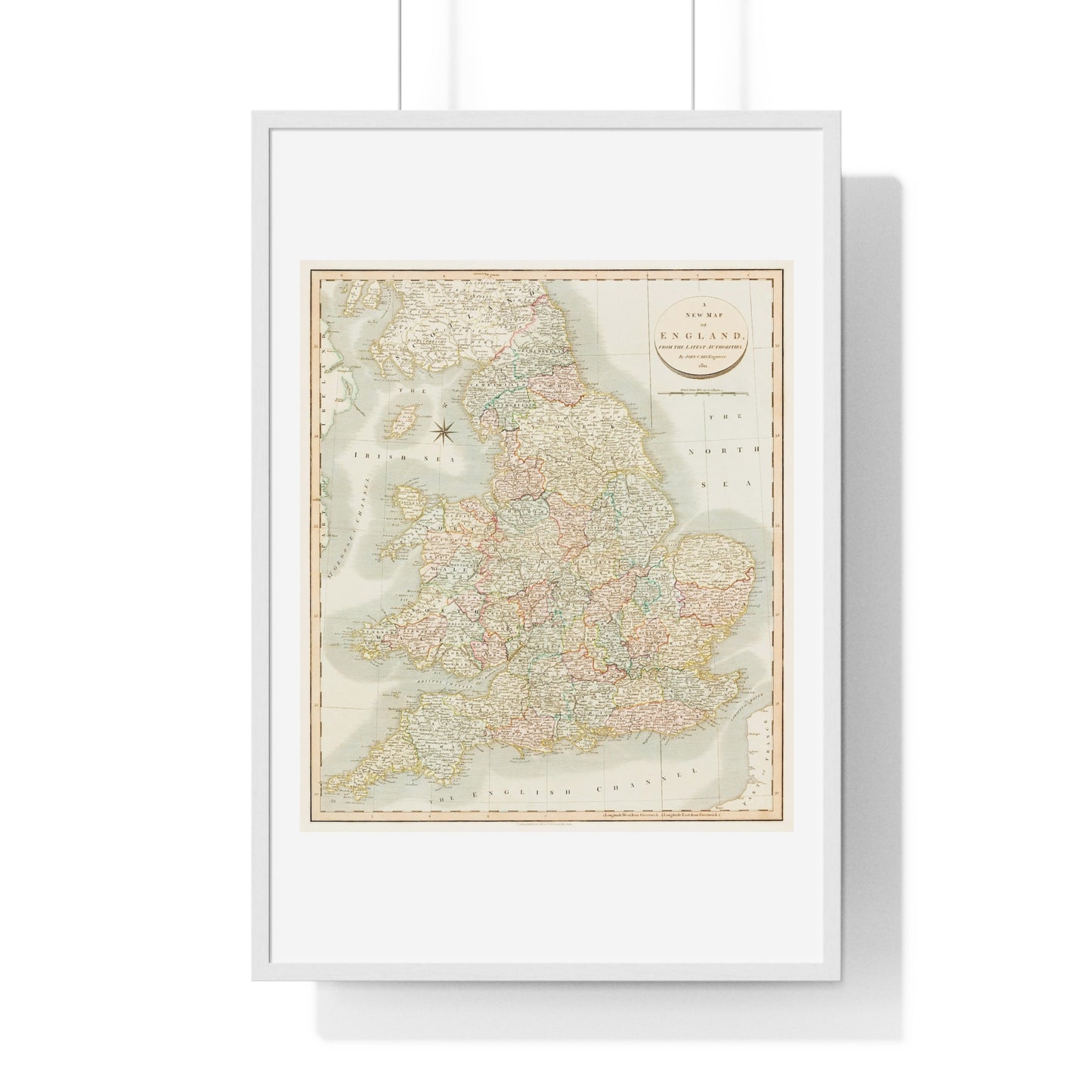 Antique Map: A New Map of England (1811) by John Cary from the Original, Framed Art Print