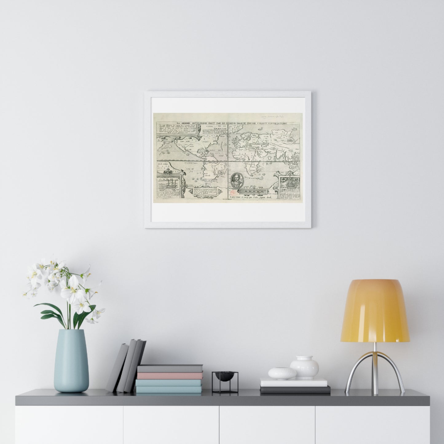 Francis Drake's World Voyage, Tudor Antique Map (circa 1581) from the Original, Framed Print